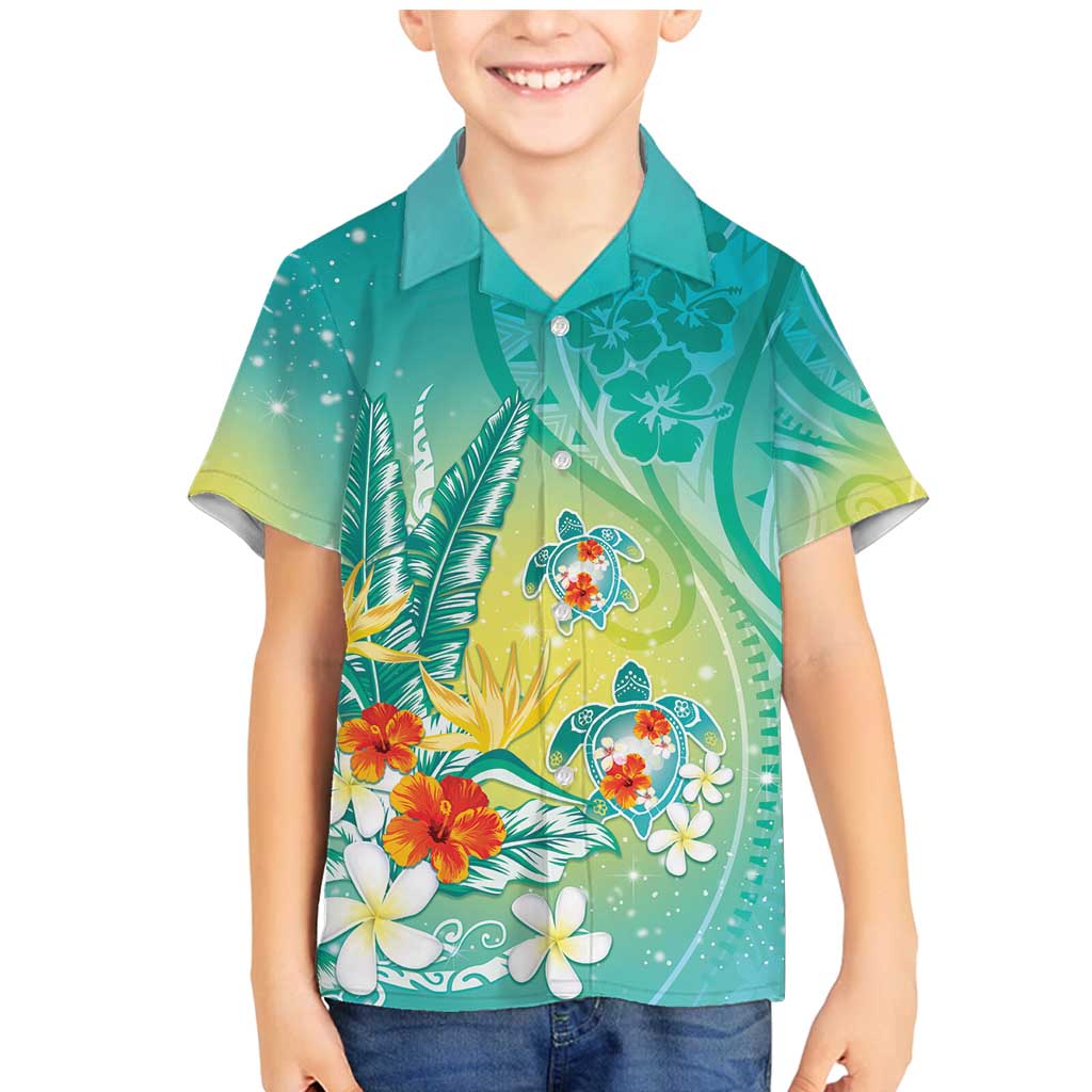 Hawaii Honu Family Matching Mermaid Dress and Hawaiian Shirt Tropical Flowers Turquoise Gradient LT05 Son's Shirt Turquoise - Polynesian Pride