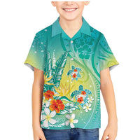 Hawaii Honu Family Matching Mermaid Dress and Hawaiian Shirt Tropical Flowers Turquoise Gradient LT05 Son's Shirt Turquoise - Polynesian Pride