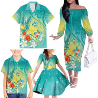 Hawaii Honu Family Matching Off The Shoulder Long Sleeve Dress and Hawaiian Shirt Tropical Flowers Turquoise Gradient LT05 - Polynesian Pride
