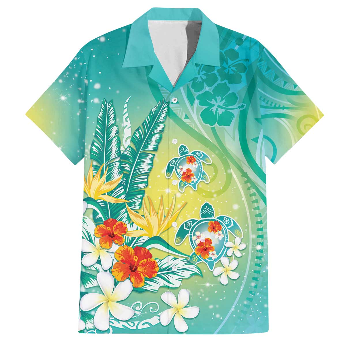 Hawaii Honu Family Matching Off The Shoulder Long Sleeve Dress and Hawaiian Shirt Tropical Flowers Turquoise Gradient LT05 Dad's Shirt - Short Sleeve Turquoise - Polynesian Pride
