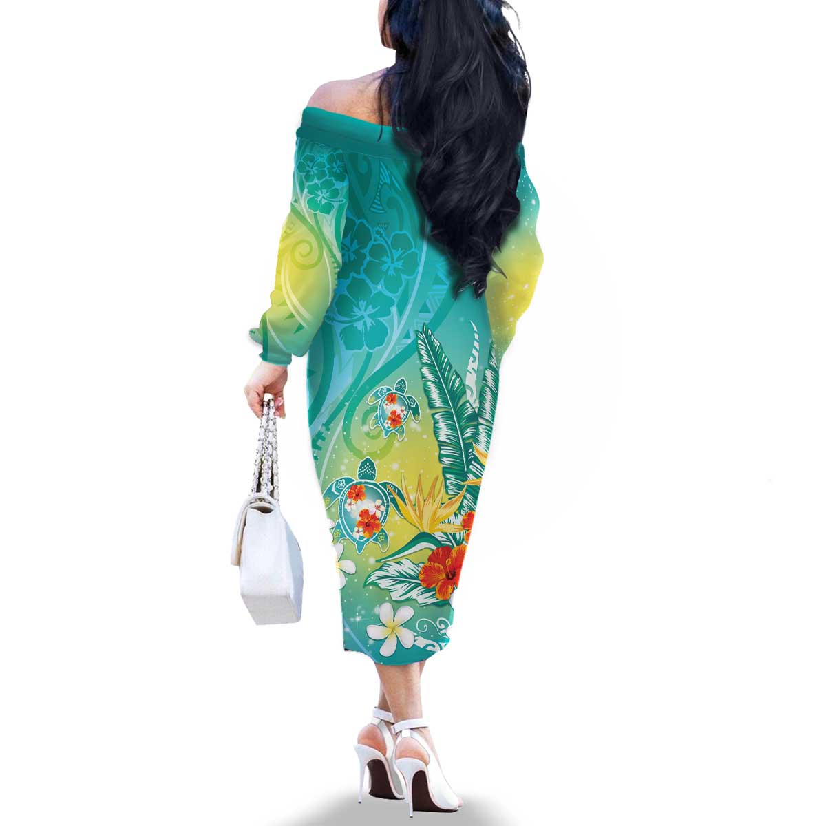 Hawaii Honu Family Matching Off The Shoulder Long Sleeve Dress and Hawaiian Shirt Tropical Flowers Turquoise Gradient LT05 - Polynesian Pride