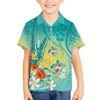 Hawaii Honu Family Matching Off The Shoulder Long Sleeve Dress and Hawaiian Shirt Tropical Flowers Turquoise Gradient LT05 Son's Shirt Turquoise - Polynesian Pride