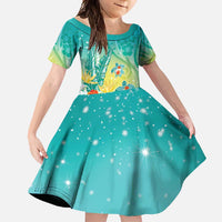 Hawaii Honu Family Matching Off Shoulder Maxi Dress and Hawaiian Shirt Tropical Flowers Turquoise Gradient LT05 Daughter's Dress Turquoise - Polynesian Pride
