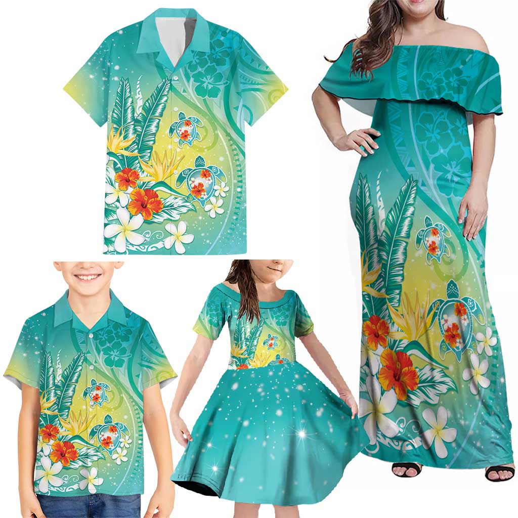 Hawaii Honu Family Matching Off Shoulder Maxi Dress and Hawaiian Shirt Tropical Flowers Turquoise Gradient LT05 - Polynesian Pride