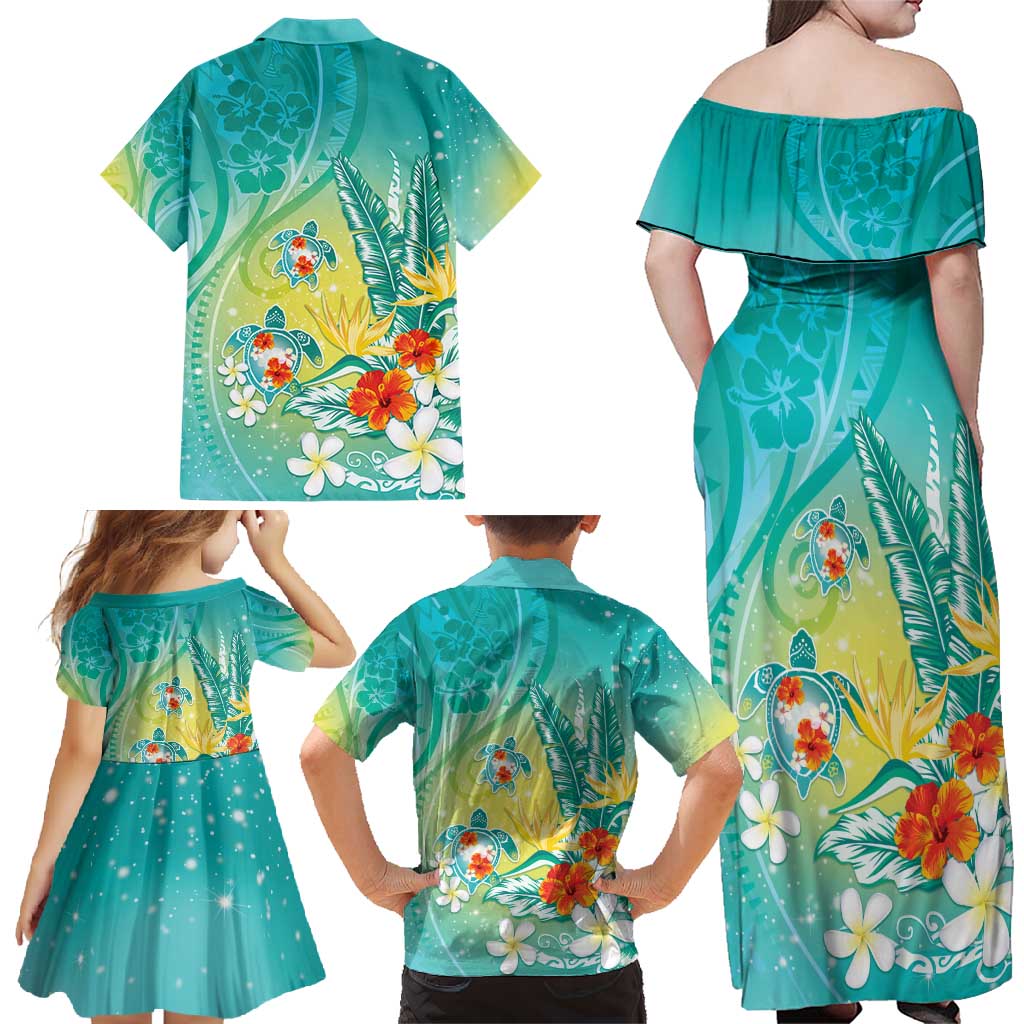 Hawaii Honu Family Matching Off Shoulder Maxi Dress and Hawaiian Shirt Tropical Flowers Turquoise Gradient LT05 - Polynesian Pride