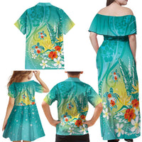Hawaii Honu Family Matching Off Shoulder Maxi Dress and Hawaiian Shirt Tropical Flowers Turquoise Gradient LT05 - Polynesian Pride