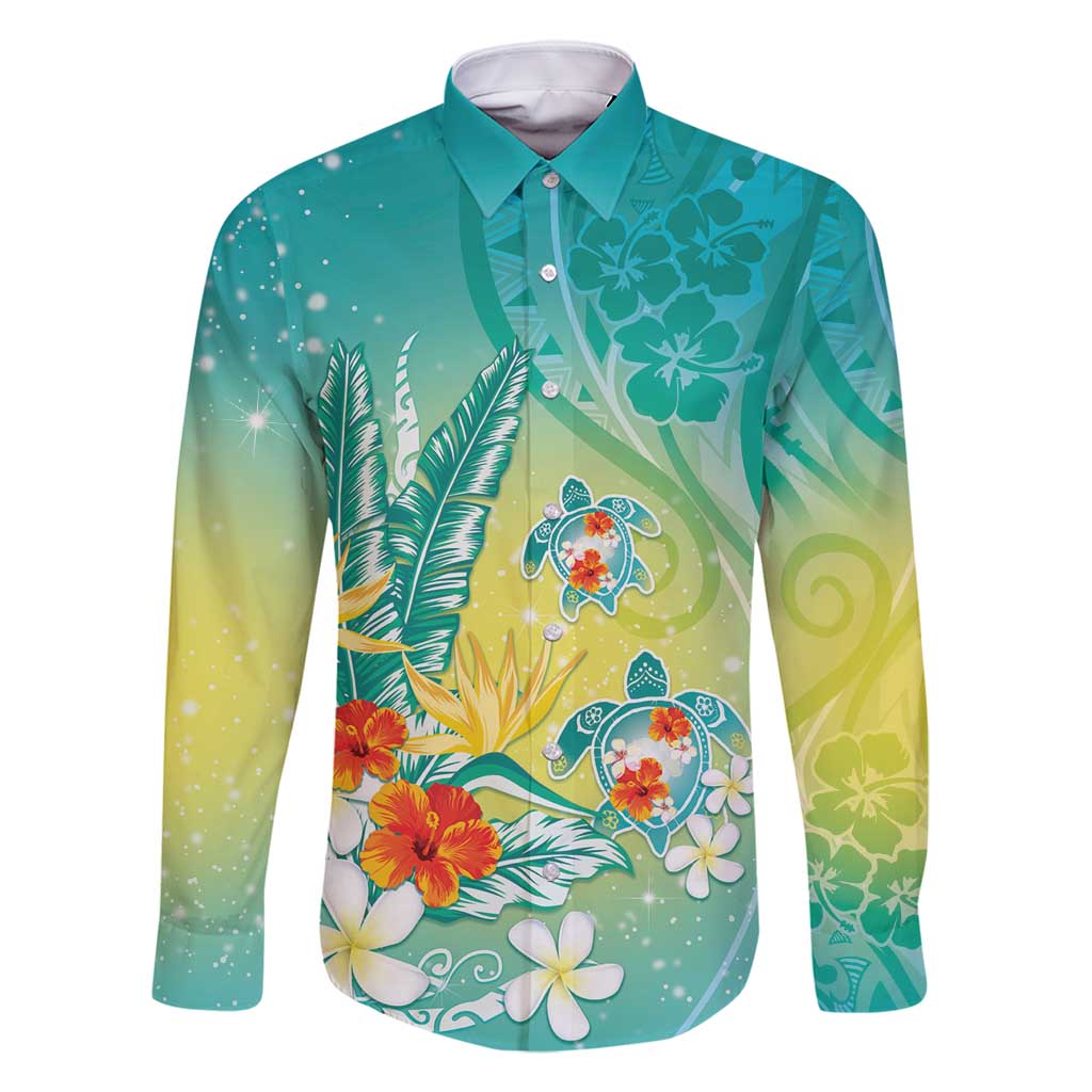 Hawaii Honu Family Matching Off Shoulder Maxi Dress and Hawaiian Shirt Tropical Flowers Turquoise Gradient LT05 Dad's Shirt - Long Sleeve Turquoise - Polynesian Pride