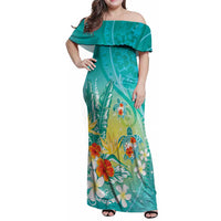 Hawaii Honu Family Matching Off Shoulder Maxi Dress and Hawaiian Shirt Tropical Flowers Turquoise Gradient LT05 Mom's Dress Turquoise - Polynesian Pride
