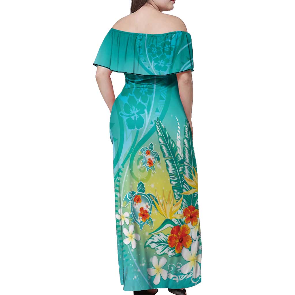 Hawaii Honu Family Matching Off Shoulder Maxi Dress and Hawaiian Shirt Tropical Flowers Turquoise Gradient LT05 - Polynesian Pride