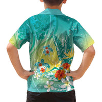 Hawaii Honu Family Matching Off Shoulder Short Dress and Hawaiian Shirt Tropical Flowers Turquoise Gradient LT05 - Polynesian Pride