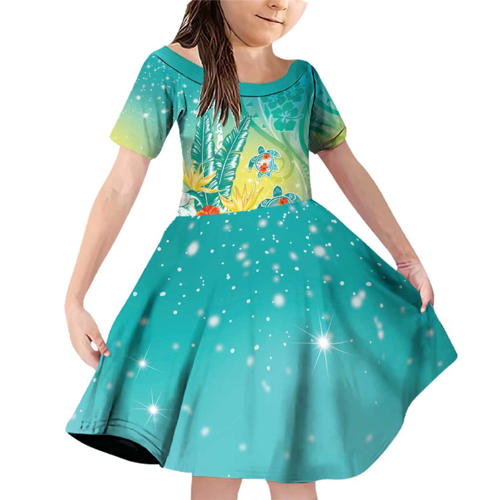 Hawaii Honu Family Matching Off Shoulder Short Dress and Hawaiian Shirt Tropical Flowers Turquoise Gradient LT05 Daughter's Dress Turquoise - Polynesian Pride