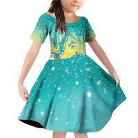 Hawaii Honu Family Matching Off Shoulder Short Dress and Hawaiian Shirt Tropical Flowers Turquoise Gradient LT05 Daughter's Dress Turquoise - Polynesian Pride