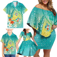 Hawaii Honu Family Matching Off Shoulder Short Dress and Hawaiian Shirt Tropical Flowers Turquoise Gradient LT05 - Polynesian Pride
