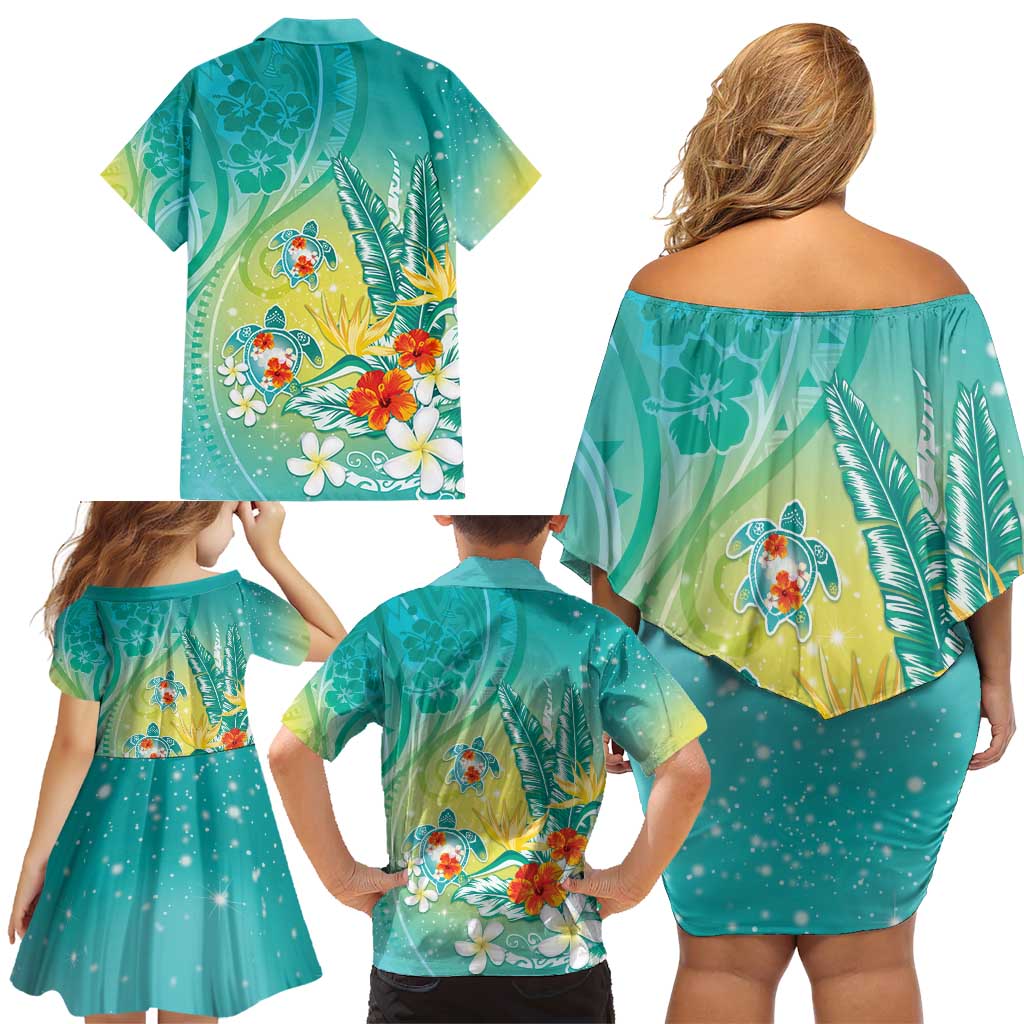 Hawaii Honu Family Matching Off Shoulder Short Dress and Hawaiian Shirt Tropical Flowers Turquoise Gradient LT05 - Polynesian Pride