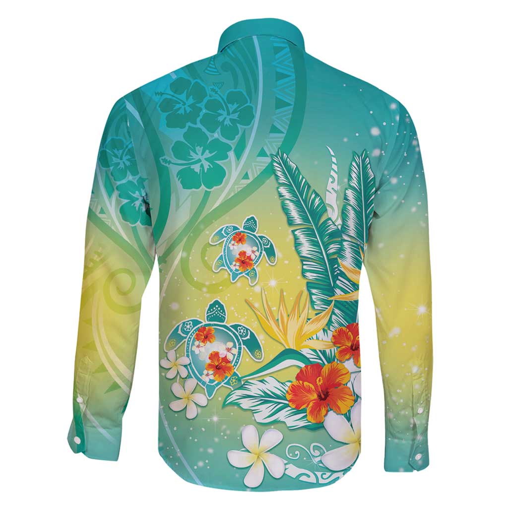 Hawaii Honu Family Matching Puletasi and Hawaiian Shirt Tropical Flowers Turquoise Gradient