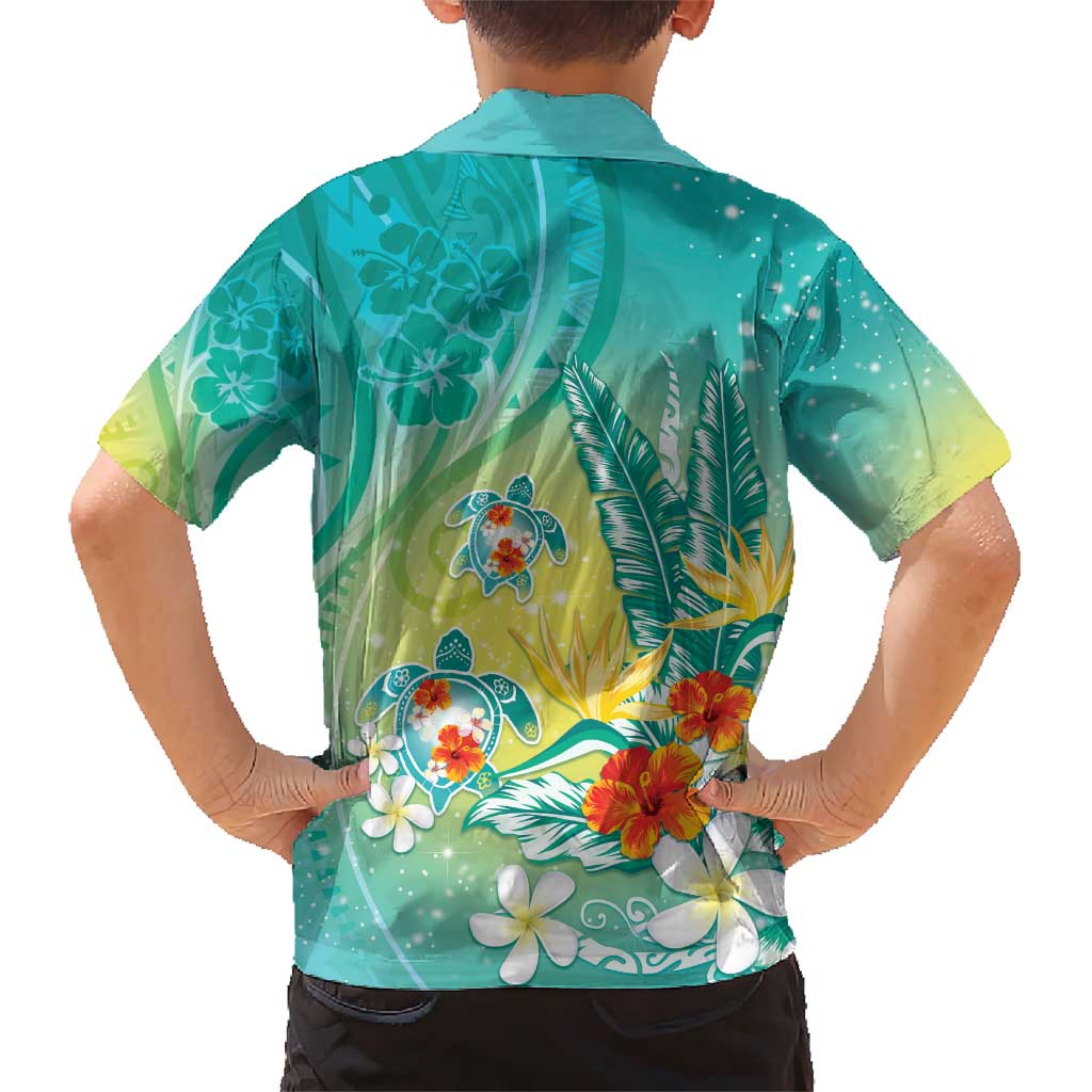 Hawaii Honu Family Matching Short Sleeve Bodycon Dress and Hawaiian Shirt Tropical Flowers Turquoise Gradient LT05 - Polynesian Pride