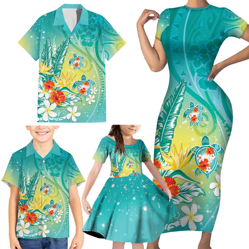 Hawaii Honu Family Matching Short Sleeve Bodycon Dress and Hawaiian Shirt Tropical Flowers Turquoise Gradient LT05 - Polynesian Pride