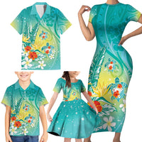 Hawaii Honu Family Matching Short Sleeve Bodycon Dress and Hawaiian Shirt Tropical Flowers Turquoise Gradient LT05 - Polynesian Pride