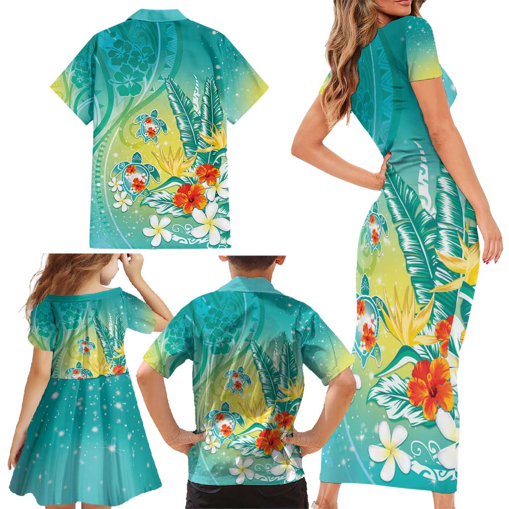 Hawaii Honu Family Matching Short Sleeve Bodycon Dress and Hawaiian Shirt Tropical Flowers Turquoise Gradient LT05 - Polynesian Pride