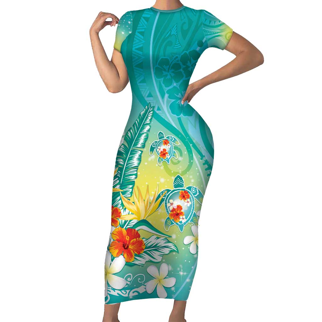 Hawaii Honu Family Matching Short Sleeve Bodycon Dress and Hawaiian Shirt Tropical Flowers Turquoise Gradient LT05 Mom's Dress Turquoise - Polynesian Pride