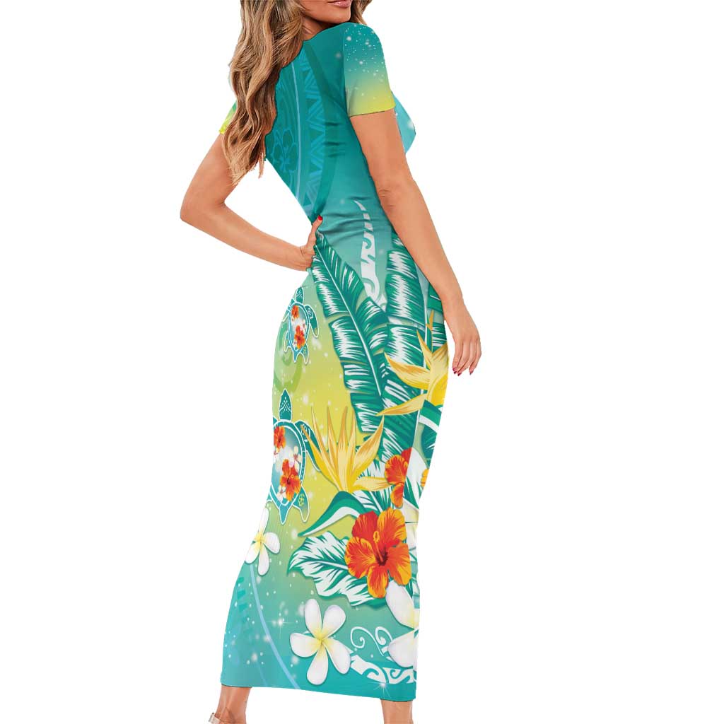 Hawaii Honu Family Matching Short Sleeve Bodycon Dress and Hawaiian Shirt Tropical Flowers Turquoise Gradient LT05 - Polynesian Pride