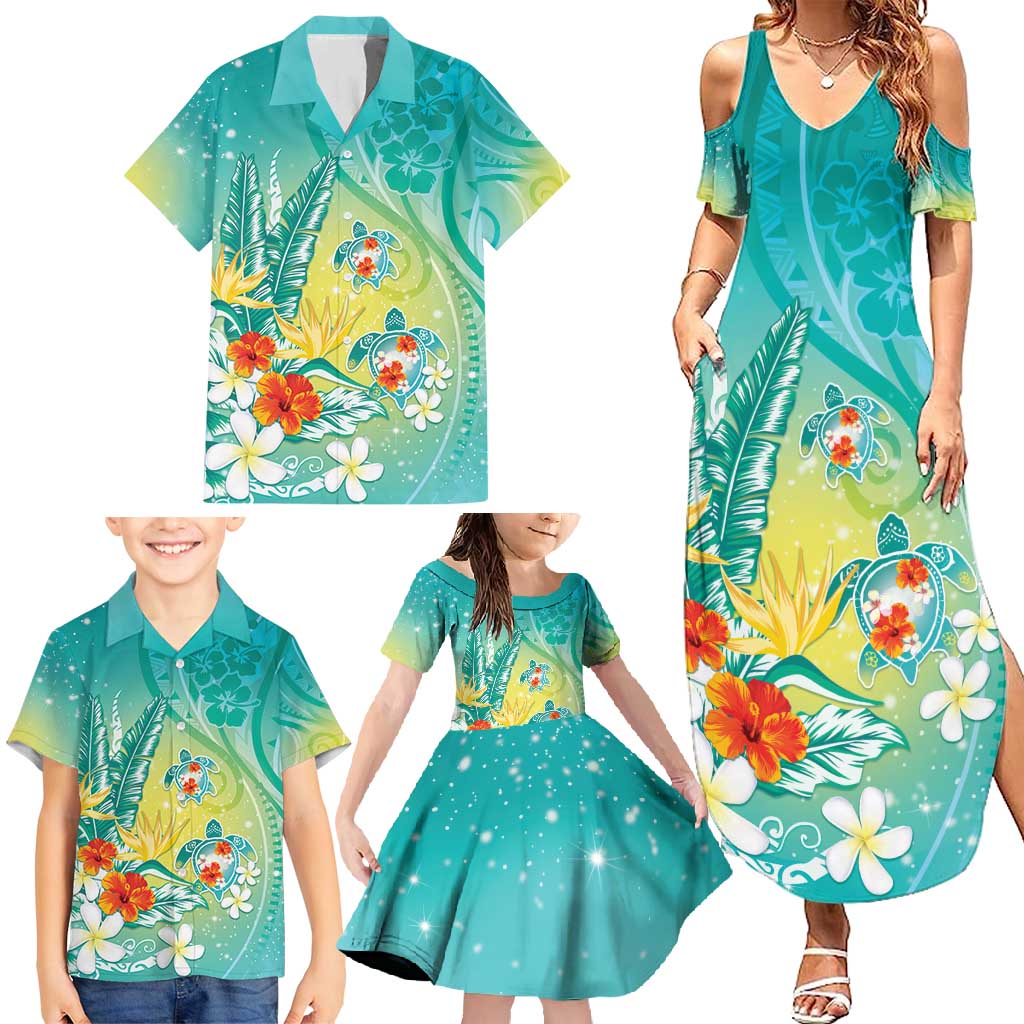 Hawaii Honu Family Matching Summer Maxi Dress and Hawaiian Shirt - Tropical Flowers Turquoise Gradient LT05 - Polynesian Pride