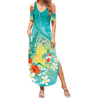 Hawaii Honu Family Matching Summer Maxi Dress and Hawaiian Shirt - Tropical Flowers Turquoise Gradient LT05 Mom's Dress Turquoise - Polynesian Pride