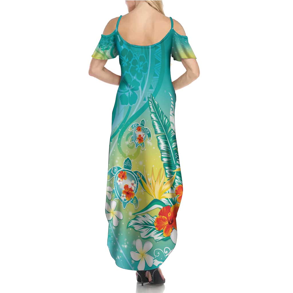 Hawaii Honu Family Matching Summer Maxi Dress and Hawaiian Shirt - Tropical Flowers Turquoise Gradient LT05 - Polynesian Pride