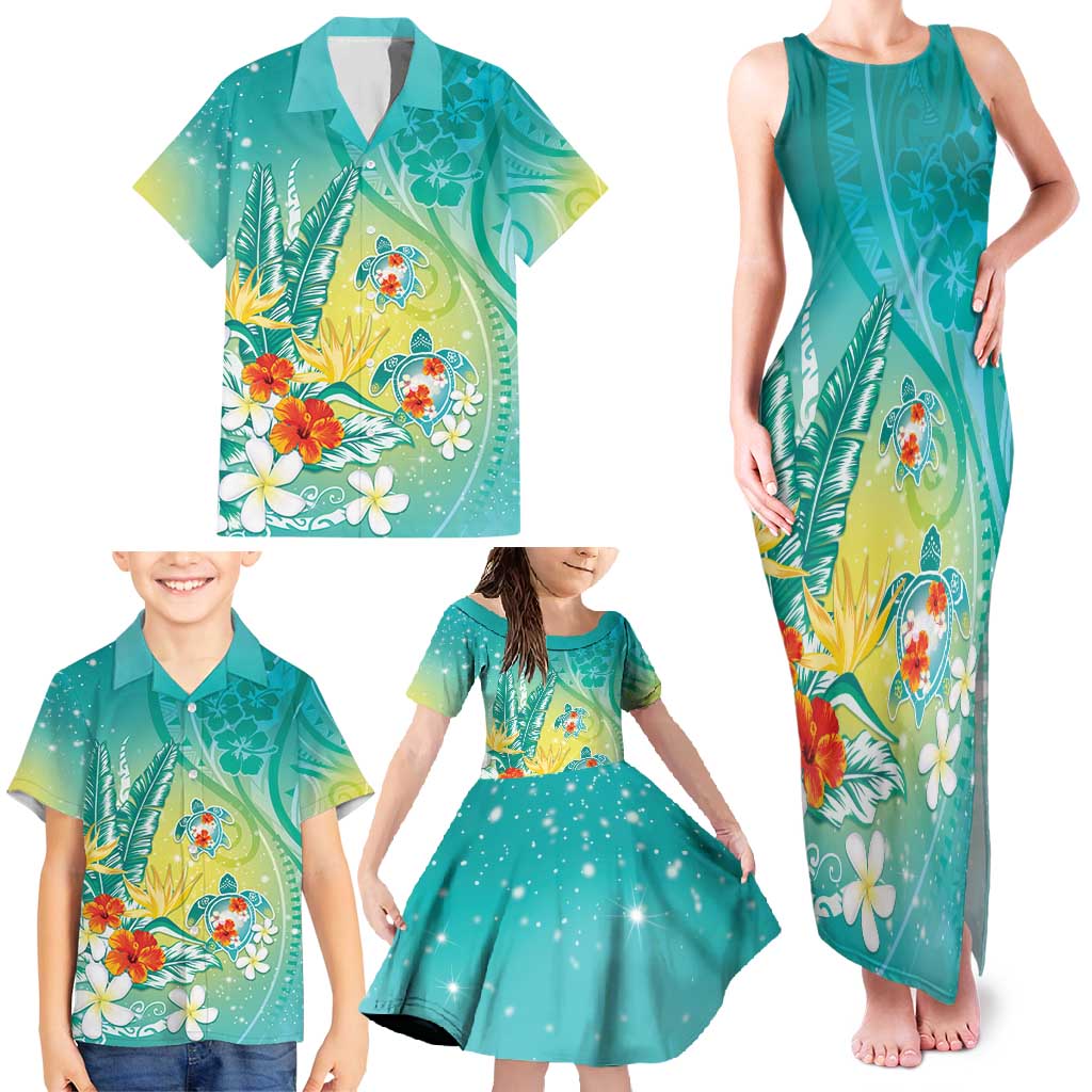 Hawaii Honu Family Matching Tank Maxi Dress and Hawaiian Shirt - Tropical Flowers Turquoise Gradient LT05 - Polynesian Pride