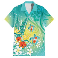 Hawaii Honu Family Matching Tank Maxi Dress and Hawaiian Shirt - Tropical Flowers Turquoise Gradient LT05 Dad's Shirt - Short Sleeve Turquoise - Polynesian Pride