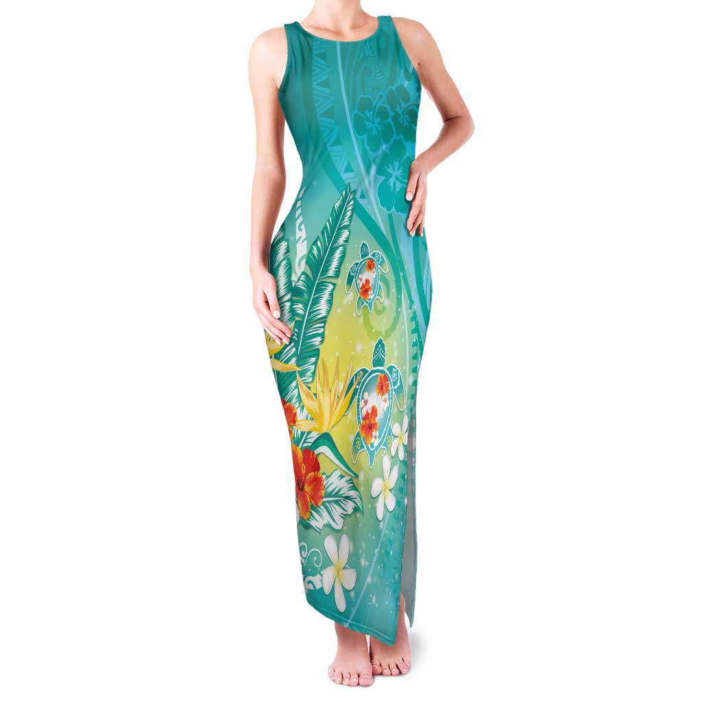 Hawaii Honu Family Matching Tank Maxi Dress and Hawaiian Shirt - Tropical Flowers Turquoise Gradient LT05 Mom's Dress Turquoise - Polynesian Pride