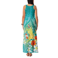 Hawaii Honu Family Matching Tank Maxi Dress and Hawaiian Shirt - Tropical Flowers Turquoise Gradient LT05 - Polynesian Pride