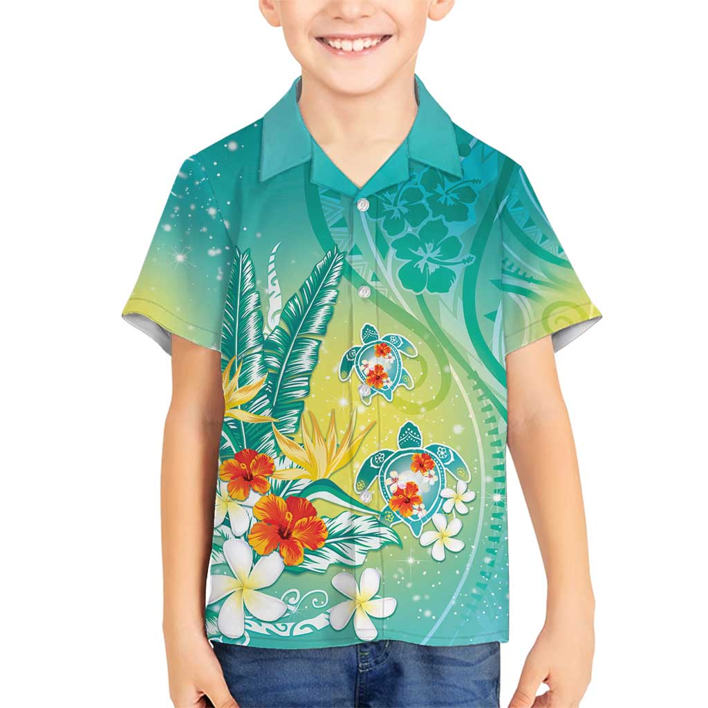 Hawaii Honu Family Matching Tank Maxi Dress and Hawaiian Shirt - Tropical Flowers Turquoise Gradient LT05 Son's Shirt Turquoise - Polynesian Pride