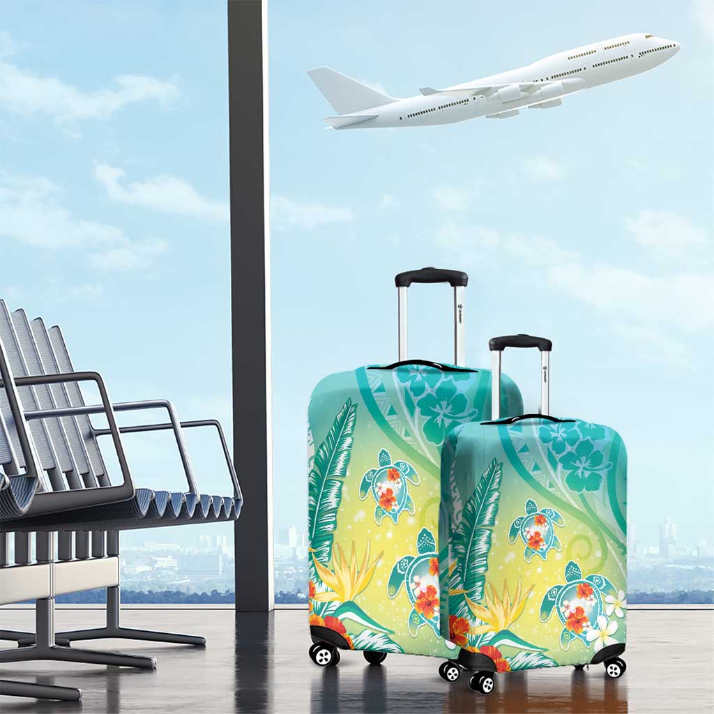 Hawaii Honu Luggage Cover Tropical Flowers Turquoise Gradient