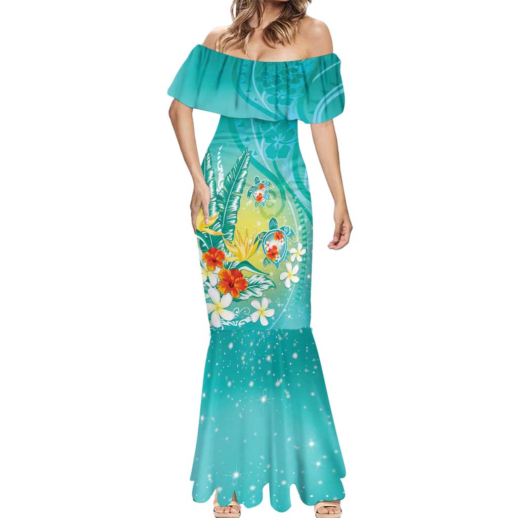 Hawaii Honu Mermaid Dress Tropical Flowers Turquoise Gradient LT05 - Polynesian Pride
