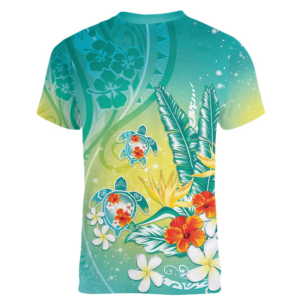 Hawaii Honu Women V-Neck T-Shirt Tropical Flowers Turquoise Gradient