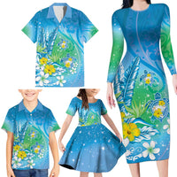 Hawaii Honu Family Matching Long Sleeve Bodycon Dress and Hawaiian Shirt Tropical Flowers Blue Gradient LT05 - Polynesian Pride