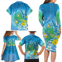 Hawaii Honu Family Matching Long Sleeve Bodycon Dress and Hawaiian Shirt Tropical Flowers Blue Gradient LT05 - Polynesian Pride