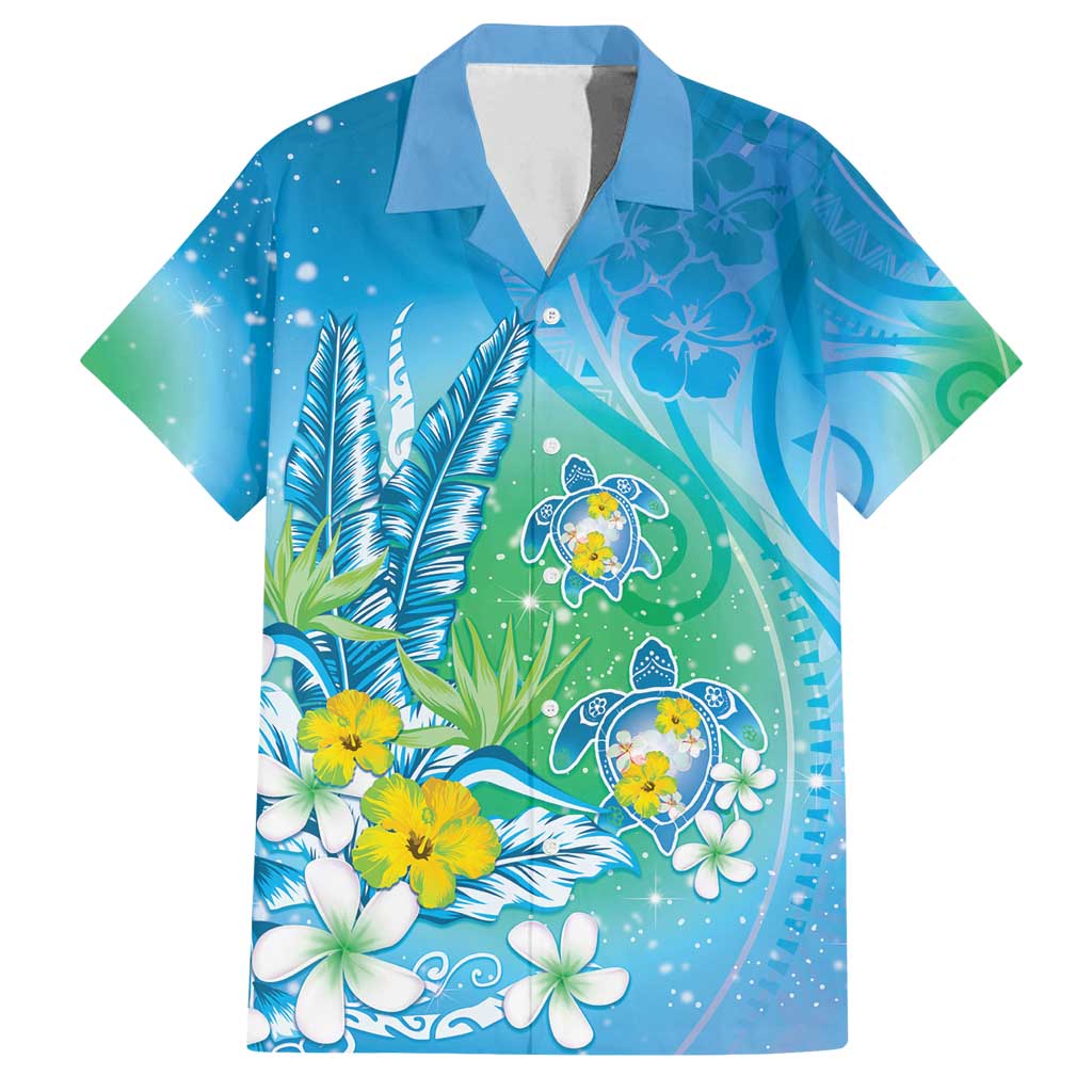 Hawaii Honu Family Matching Long Sleeve Bodycon Dress and Hawaiian Shirt Tropical Flowers Blue Gradient LT05 Dad's Shirt - Short Sleeve Blue - Polynesian Pride