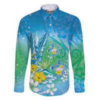 Hawaii Honu Family Matching Long Sleeve Bodycon Dress and Hawaiian Shirt Tropical Flowers Blue Gradient LT05 Dad's Shirt - Long Sleeve Blue - Polynesian Pride
