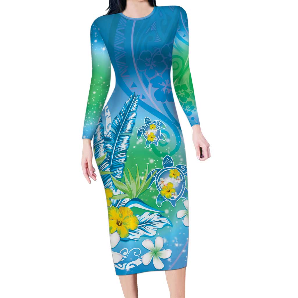 Hawaii Honu Family Matching Long Sleeve Bodycon Dress and Hawaiian Shirt Tropical Flowers Blue Gradient LT05 Mom's Dress Blue - Polynesian Pride
