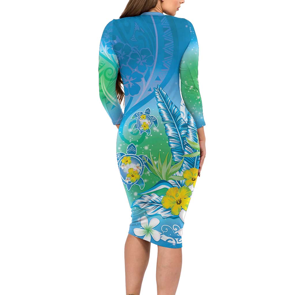 Hawaii Honu Family Matching Long Sleeve Bodycon Dress and Hawaiian Shirt Tropical Flowers Blue Gradient LT05 - Polynesian Pride