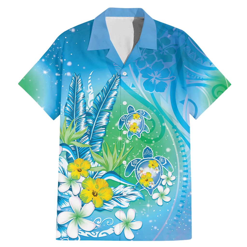 Hawaii Honu Family Matching Mermaid Dress and Hawaiian Shirt Tropical Flowers Blue Gradient LT05 Dad's Shirt - Short Sleeve Blue - Polynesian Pride