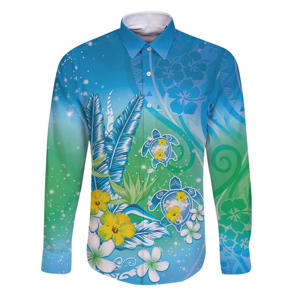 Hawaii Honu Family Matching Mermaid Dress and Hawaiian Shirt Tropical Flowers Blue Gradient LT05 Dad's Shirt - Long Sleeve Blue - Polynesian Pride