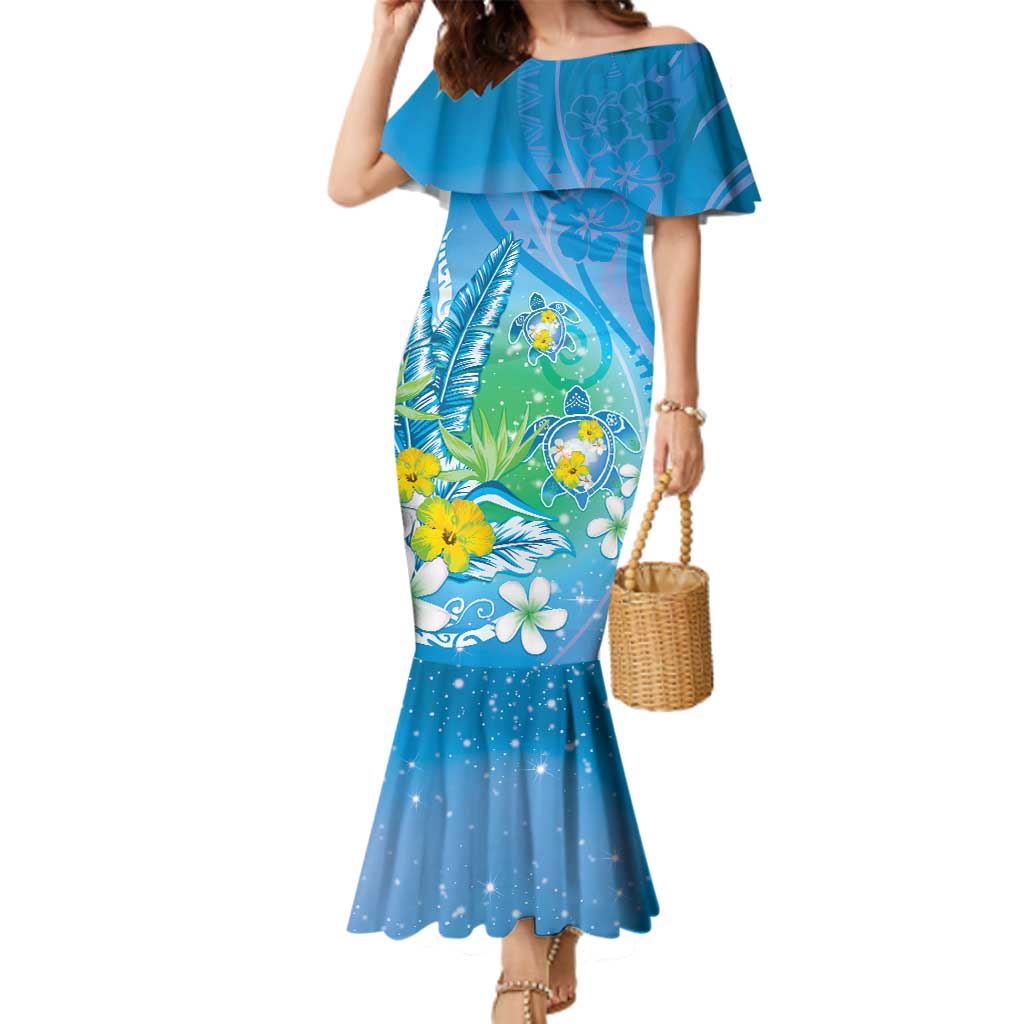 Hawaii Honu Family Matching Mermaid Dress and Hawaiian Shirt Tropical Flowers Blue Gradient LT05 Mom's Dress Blue - Polynesian Pride