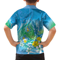 Hawaii Honu Family Matching Off The Shoulder Long Sleeve Dress and Hawaiian Shirt Tropical Flowers Blue Gradient LT05 - Polynesian Pride