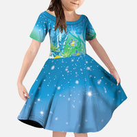 Hawaii Honu Family Matching Off The Shoulder Long Sleeve Dress and Hawaiian Shirt Tropical Flowers Blue Gradient LT05 Daughter's Dress Blue - Polynesian Pride
