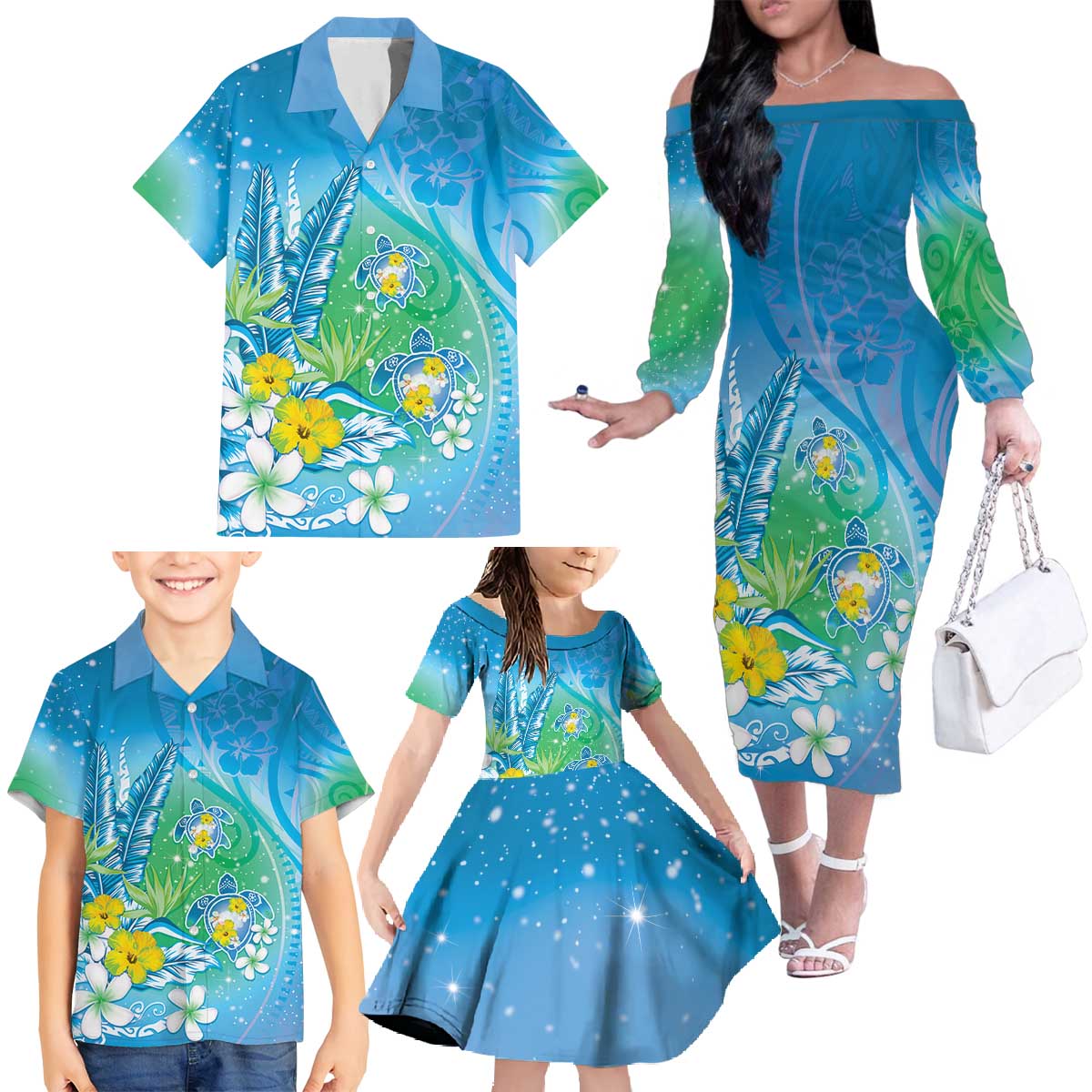 Hawaii Honu Family Matching Off The Shoulder Long Sleeve Dress and Hawaiian Shirt Tropical Flowers Blue Gradient LT05 - Polynesian Pride