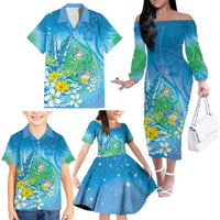 Hawaii Honu Family Matching Off The Shoulder Long Sleeve Dress and Hawaiian Shirt Tropical Flowers Blue Gradient LT05 - Polynesian Pride