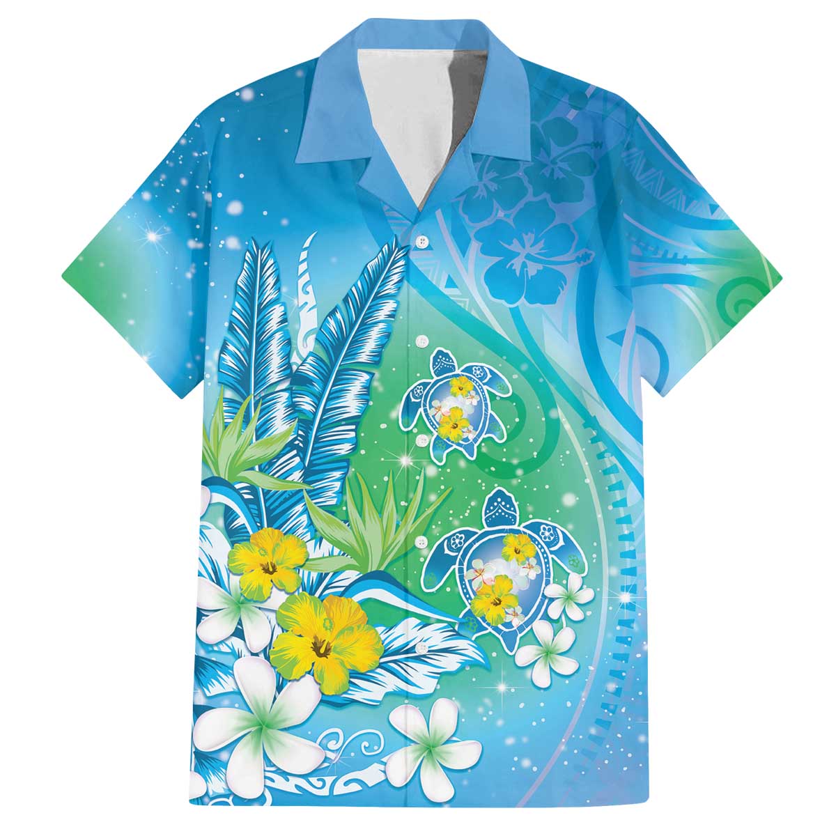 Hawaii Honu Family Matching Off The Shoulder Long Sleeve Dress and Hawaiian Shirt Tropical Flowers Blue Gradient LT05 Dad's Shirt - Short Sleeve Blue - Polynesian Pride